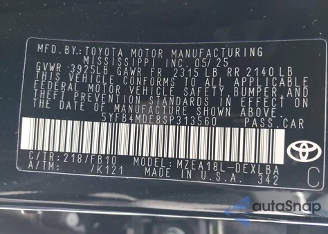 2025 Toyota Corolla Le from USA, damaged, VIN 5YFB4MDE8SP313560